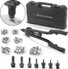 A product shot of a blind rivet gun set, including the tool, various rivets, and a storage case. A close-up inset shows the tool in use. Voir les images du produit