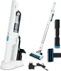 A white cordless vacuum cleaner and its accessories are displayed against a white background. Produktbild-Vorschau