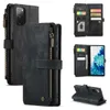A collage of images showing a black leather wallet-style phone case for a Samsung Galaxy S20 FE. Produktbild-Vorschau