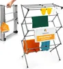 A foldable and extendable drying rack with laundry hanging on it, shown in both a folded and open state. Voir les images du produit