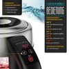 Close-up of a kettle with a digital display and text overlays detailing its functions. Voir les images du produit