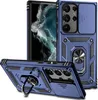 A blue phone case with a sliding camera cover and a ring holder is displayed from multiple angles. Produktbild-Vorschau