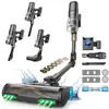 A collage of a cordless vacuum cleaner and its accessories, with water splashes indicating cleaning power. Produktbild-Vorschau