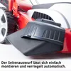 Close-up of a lawnmower with a side discharge attachment. The text below describes its ease of mounting. Produktbild-Vorschau