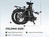 A folded electric bicycle with dimensions labeled. Produktbild-Vorschau