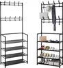 Two black metal coat racks with shoe shelves are shown side-by-side against a white background. Náhled obrázku produktu
