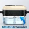 A close-up view of a handheld steam cleaner's water tank, highlighting its capacity and a blue arrow indicating its large size. Produktbild-Vorschau