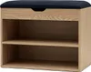 A shoe cabinet with a padded seat on top, made of light wood with a dark blue upholstered seat. Podgląd zdjęcia produktu