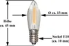 A diagram showing the dimensions of an LED filament candle bulb. Produktbild-Vorschau