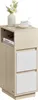 A narrow bedside table with two white drawers and an open shelf, decorated with a vase of flowers and a cup of coffee on top. Produktbild-Vorschau