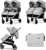 A collage of images showing a twin stroller from different angles, including a close-up of one seat and a separate image of a stroller bag. Produktbild-Vorschau