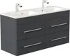 A modern, wall-mounted bathroom vanity with a double sink and four drawers, presented against a white background. Produktbild-Vorschau