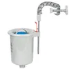 A white swimming pool skimmer with a blue insert and a gray clamp attachment, isolated on a white background. Produktbild-Vorschau