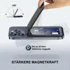 A hand is shown attaching a wallet with a credit card to the back of an iPhone, demonstrating magnetic attachment and card storage. Produktbild-Vorschau