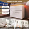 A collage of images showcasing a white high-gloss dresser with LED lighting, and various room settings including a bedroom, living room, hallway, and dressing area. Podgląd zdjęcia produktu
