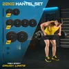 A man is performing a weightlifting exercise with a barbell in a gym setting, with the product components displayed on the left. Produktbild-Vorschau