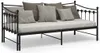 A black metal daybed with a light-colored mattress and several gray and brown pillows. Produktbild-Vorschau