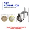A size comparison chart showing a castor wheel next to two coins, with measurement details and text. Produktbild-Vorschau