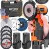 A set of KRAFT&DELE cordless angle grinder tools and accessories, including batteries, charging adapter, and various cutting and grinding discs, laid out on a white background. Podgląd zdjęcia produktu