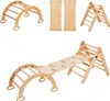 A collection of wooden climbing toys for children, including a Pikler triangle, a climbing arch, and a slide. Voir les images du produit