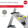 Close-up of a step ladder with text overlays highlighting features. Produktbild-Vorschau