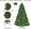 A large artificial Christmas tree with pinecones and a metal stand, shown with close-up details of its needles and pinecones, and a small decorative wreath. Produktbild-Vorschau