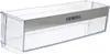 A transparent plastic refrigerator door bin with a gray metallic strip featuring the Siemens logo. Produktbild-Vorschau