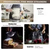A collage of images showing different sizes of fine mesh strainers being used for various kitchen tasks. Produktbild-Vorschau