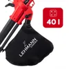 Close-up of a red and black leaf blower with a black collection bag attached, and a red square overlay with text and an icon. Produktbild-Vorschau