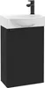 A black vanity unit with a white sink and a black faucet. Podgląd zdjęcia produktu