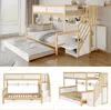 A collage of images showing a multi-functional bunk bed with a pull-out trundle bed, stairs with storage, and a wardrobe. Produktbild-Vorschau