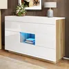 A modern white and wood sideboard with LED lighting, displaying books on a shelf. Voir les images du produit