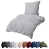 A bedding set is displayed in multiple colors at the bottom of the image, with a light gray set prominently shown at the top. Produktbild-Vorschau