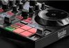 A close-up shot of a black Hercules DJ controller with illuminated buttons and a jog wheel. Produktbild-Vorschau