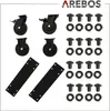 A collection of black casters and mounting plates, along with screws and washers, laid out on a white background. Produktbild-Vorschau