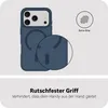 A dark blue iPhone case is shown with a close-up detail and a graphic illustrating grip. Produktbild-Vorschau