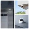 Collage of three images showing a Reolink Duo 3V PoE camera installed on a house exterior at night, mounted under an eave during the day, and displayed on a surface. Produktbild-Vorschau