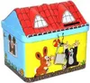 A cartoon-style tin money box shaped like a house, decorated with images of a mouse and a mole. Produktbild-Vorschau
