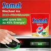 A hand is pressing a button on a dishwasher control panel, with a product package of Somat Gold in the background and marketing text. Produktbild-Vorschau