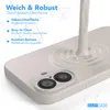 A light gray phone case is shown with liquid being poured onto it, creating ripples. Text overlays describe the features of the case. Produktbild-Vorschau