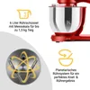 A collage of images showing a red stand mixer and its features, with accompanying German text. Produktbild-Vorschau