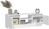 A white TV stand with open doors and shelves, decorated with a vase of dried flowers, books, a decorative sphere, and an alarm clock. Náhľad obrázku produktu