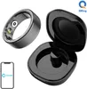 A smart ring and its charging case are displayed on a white background, along with a smartphone showing a brand logo. Voir les images du produit