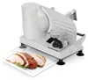 A food slicer with sliced meat on a tray in front of it, on a white background. Produktbild-Vorschau