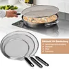 A cooking scene with a person using a splatter screen over a frying pan, and a display of three splatter screens. Produktbild-Vorschau