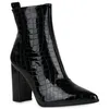 A black, high-heeled ankle boot with a crocodile-like texture is shown against a white background. Produktbild-Vorschau