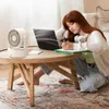 A young woman is studying at a coffee table with a laptop and fan. Produktbild-Vorschau
