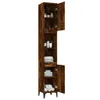 A tall, narrow wooden cabinet with multiple shelves and two doors, one of which is open, displaying various bathroom items and folded towels. Náhled obrázku produktu