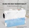A white macerator pump with water inside, set against a blurred bathroom background. Náhled obrázku produktu