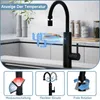 A black kitchen faucet with a digital temperature display is shown in a modern kitchen setting. Below the faucet are three smaller images illustrating its features. Produktbild-Vorschau